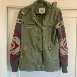 THREAD & SUPPLY Hooded Jacket Olive Green Utility Military Aztec Knit Sleeve